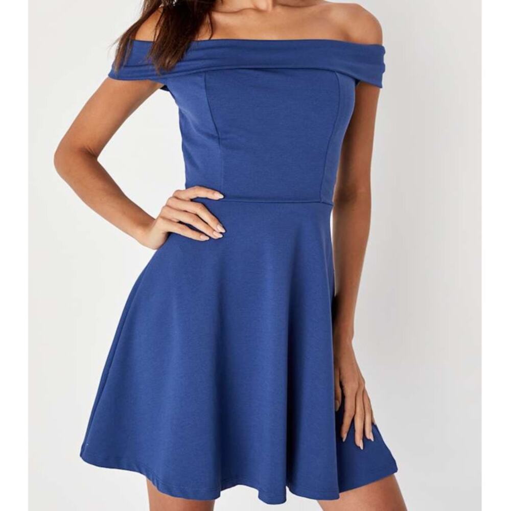 NEW Lulus Season Of Fun Denim Blue Off-the-Shoulder Skater Mini Dress Medium